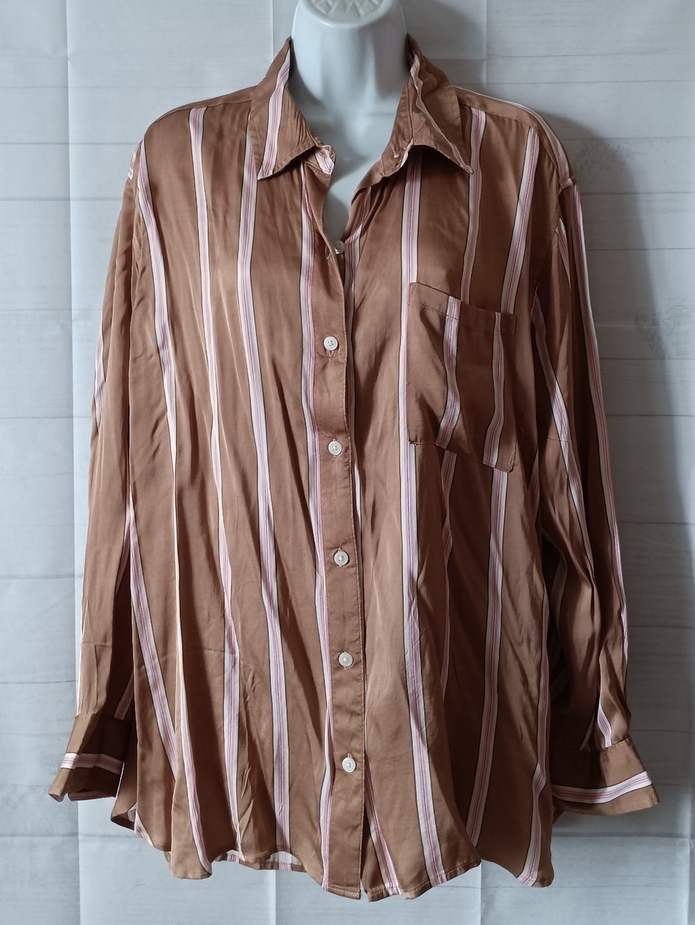 Aerie New Brown Pink Striped Satin Button Front Oversized Shirt Top  44.95